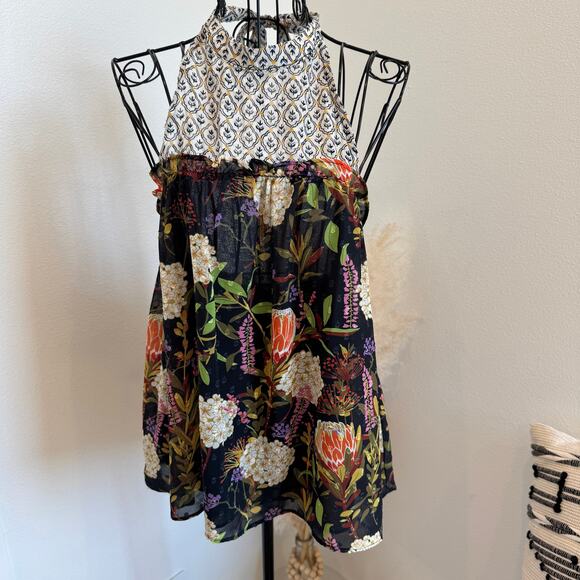 Fate Black Floral Sheer Halter Scoop Back Boho Tie Blouse Size Large - Picture 1 of 7